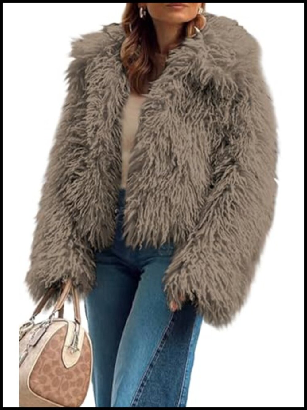 Faux Fur Coat Cropped Shaggy Winter Jacket Hook Eye